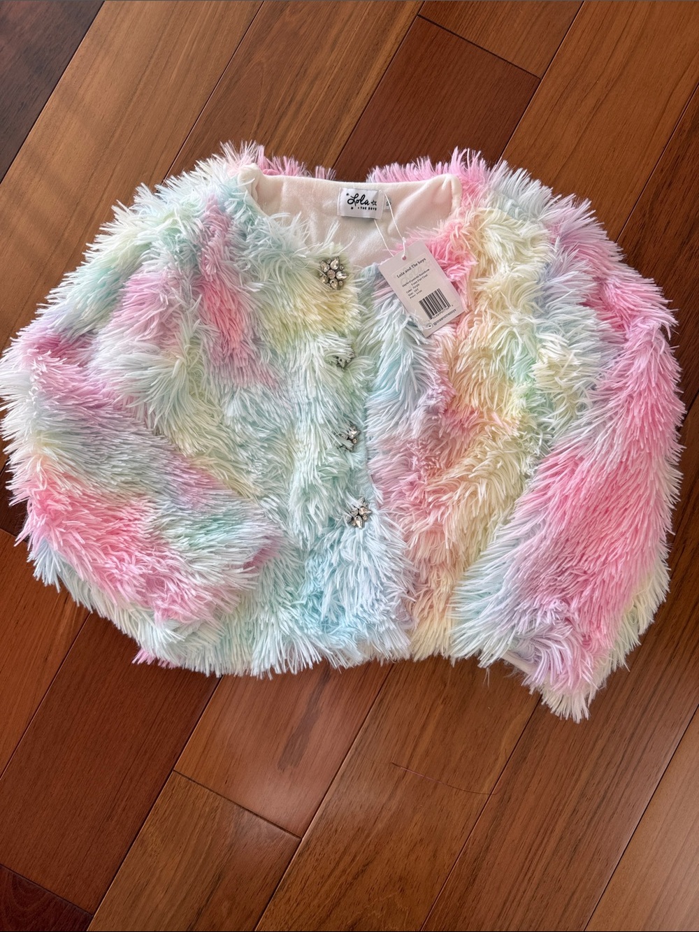 Lola & the Boys Funfetti Rainbow Faux-Fur Jacket with Crystal Buttons